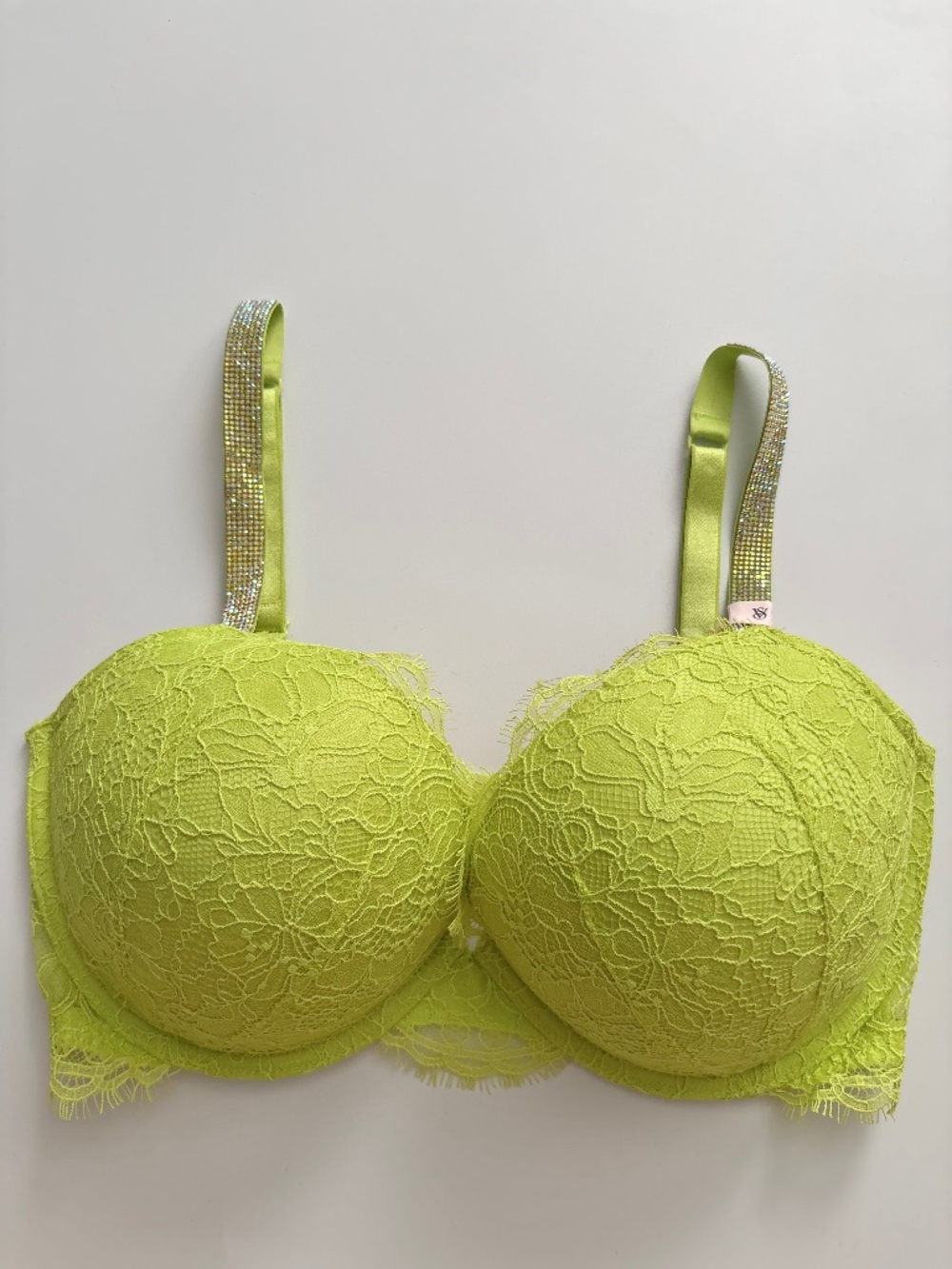 Victoria's Secret Bra Shine Strap Very Sexy Push Up Lime Lace Underwire 34DDD